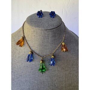 Vintage Czech Glass Dangle  Choker Necklace And Screw Back Earrings Set With Mul